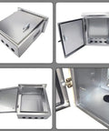Outdoor Electrical Box 16 X 12 X 8 In NEMA 4X Stainless Steel Enclosure Weatherproof IP65 displayed open and closed
