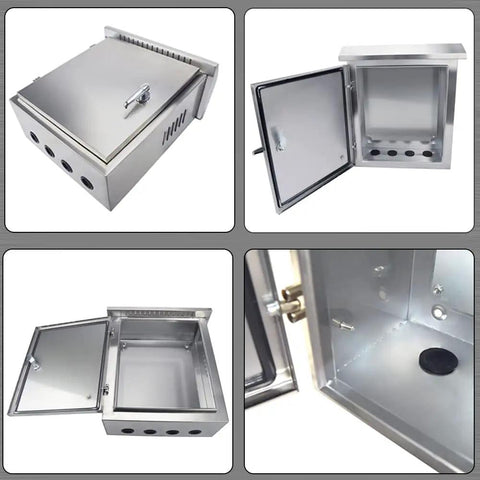 Outdoor Electrical Box 16 X 12 X 8 In NEMA 4X Stainless Steel Enclosure Weatherproof IP65 displayed open and closed