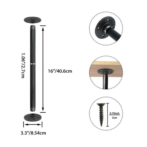 Industrial Grey Pipe Table Legs Set Of Four For Rustic Vintage Tables, 16 Inch Metal Pipe And Flange Desk Legs, dimensions shown