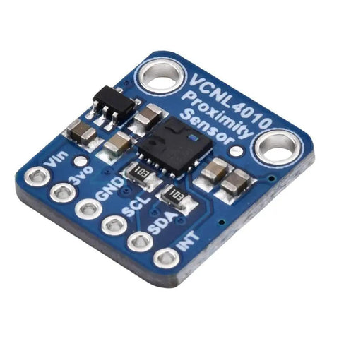 Proximity And Light Sensor Range Finder with HDR digital light sensor, row pins, compact blue circuit board, and labeled connections.