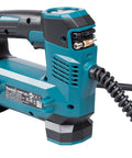 Cordless 18V Li Ion Inflator with digital backlit gauge, hose attached, built-in valve adapter, LED work light visible