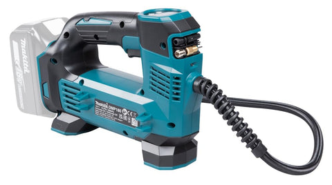 Cordless 18V Li Ion Inflator with digital backlit gauge, hose attached, built-in valve adapter, LED work light visible