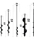 Five varied sizes of rapid planting auger drill bit for gardens, including two by eight point seven inch size with hex drive.