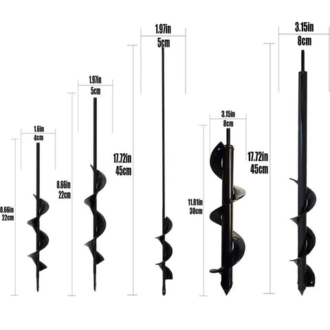 Five varied sizes of rapid planting auger drill bit for gardens, including two by eight point seven inch size with hex drive.