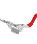 Solid Workpiece Hold Vertical Toggle Clamp With Push Pull Action, Heavy Duty Hand Latch For Welding Riveting Sheet Metal And Circuit Boards, Quick Fixed Grip That Rocks. Galvanized steel vertical toggle clamp with red handle and threaded screw.