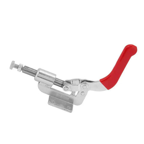 Solid Workpiece Hold Vertical Toggle Clamp With Push Pull Action, Heavy Duty Hand Latch For Welding Riveting Sheet Metal And Circuit Boards, Quick Fixed Grip That Rocks. Galvanized steel vertical toggle clamp with red handle and threaded screw.