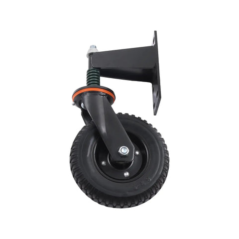 Ultra Heavy Duty 8 Inch Fence Gate Roller, Rock Solid 600 Lb Steel Core Caster With Quiet Rubber Tread, side view of wheel and mount