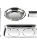 Magnetic Tray Set With Telescoping Magnet Pickup Tool 4 Piece Stainless Steel Round And Rectangular Trays For Screws Nuts Bolts Pro Grade Heavy Duty Automotive Shop Organizer with trays and pickup tool displayed on white background.