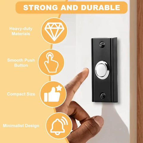 Person pressing Glow Up Metal Doorbell Button With LED Light Up Night Visibility Wall Mounted Door Bell Switch Replacement For Home And Garage Doors Two Point Seven Inch Black Finish mounted on wall