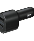 Road Ready Dual Port Car Charger With Blazing Fast 45W Plus 15W Output For Usb C And Usb A Tech with matte black finish.