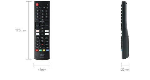 OEM Remote Control For Select LG TVs In Black Replacement IR Remote Model AKB76040302 with dimensions shown.
