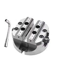 No Sweat 5 Axis Self Centering Round Vise For Heavy Duty Cnc Milling Featuring Rock Solid Zero Point Plate Interface And Game Changing 110 Mm Clamping Range with open jaws and wrench.