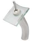 Squared Single Lever Waterfall Vessel Faucet In Brushed Nickel With Clear Glass, Solid Brass Construction, angled view