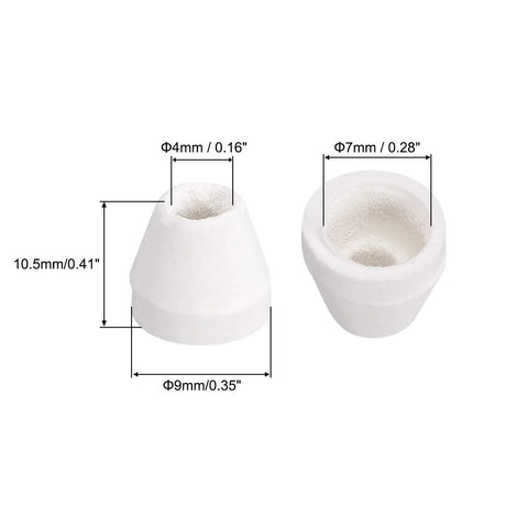 Front view of white ceramic insulator beads (pair), 4 mm bore, 9 mm base diameter; side view shows 7 mm outer diameter.