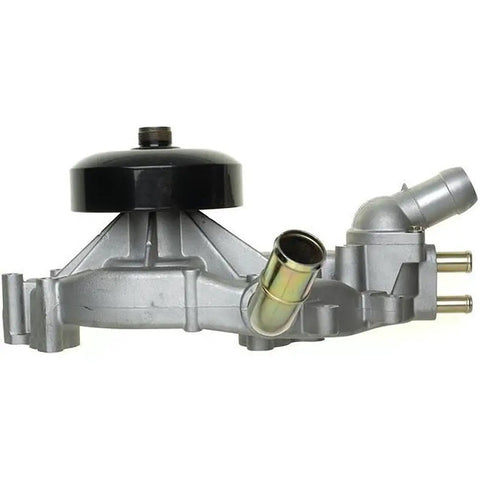 Top Shelf Engine Water Pump To Keep Your Heavy Duty Rig Cool And Cruising Smooth For Hummer H2 2003 To 2006 With 6.0L V8 Or Gmc Savana 2500 From Model Years 2003 Through 2005 Powered By 5.3L V8 side view showing the pump's structure and hoses.