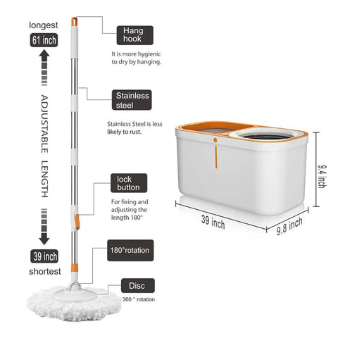 Spin Mop And Bucket Set With Wringer System And 61 Inch Extendable Stainless Steel Handle For Easy No Sweat Home Floor Cleaning