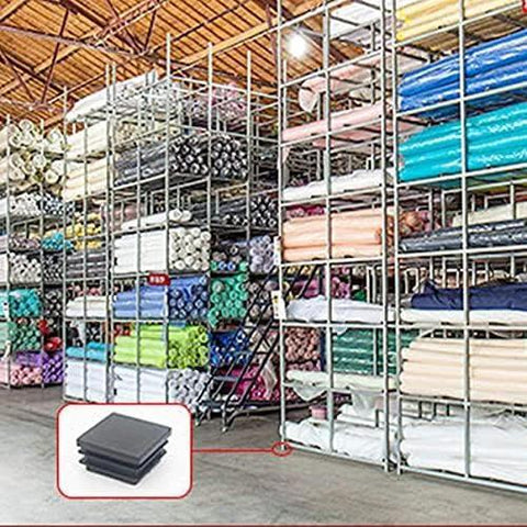 Warehouse with fabric rolls and 1 Inch Square Plastic Tubing End Caps For Square Tubing Posts 4 Pack highlighted