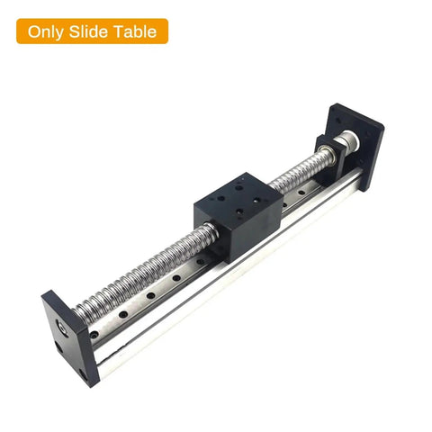 Straight Up Solid CNC Ball Screw Slide Table Motor Kit Plus Nema 23 Stepper And Dm556 Driver Paired With Precision Linear Guide Rail Stage image showing slide table with C7 grade ball screw and stainless steel rail.