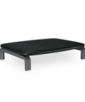 Adjustable Gray Ergonomic Monitor Stand With Three Height Settings Holds Up To Forty Pounds Laptop And PC Riser with a sturdy black surface.