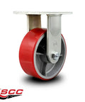 Eight Inch Rigid Top Plate Caster With Red Polyurethane Wheel Over Beefy Cast Iron Core Extra Heavy Duty Workhorse Rated 2500 Lbs Per Piece displayed at an angle.