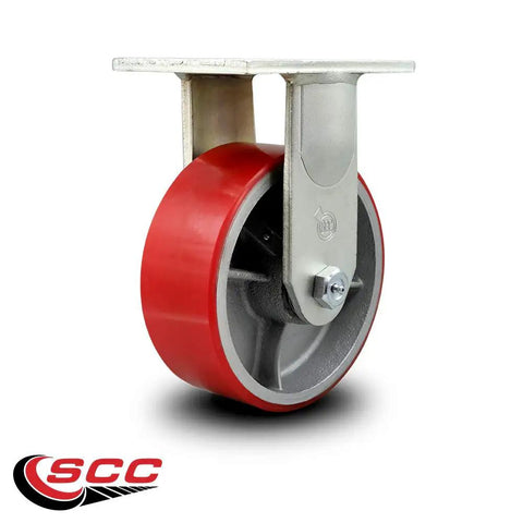 Eight Inch Rigid Top Plate Caster With Red Polyurethane Wheel Over Beefy Cast Iron Core Extra Heavy Duty Workhorse Rated 2500 Lbs Per Piece displayed at an angle.