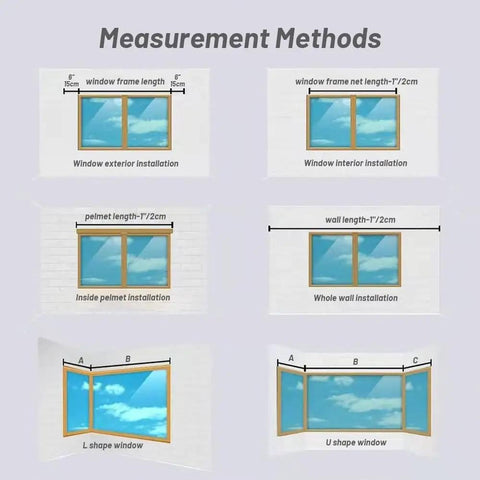 Measurement methods for window installation with various techniques and dimensions detailed for L and U shape windows.