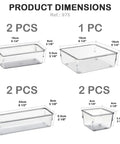 7 Piece Drawer Organizer Set With 4 Different Sizes Clear Crystal Plastic Trays shown with dimensions for modular storage