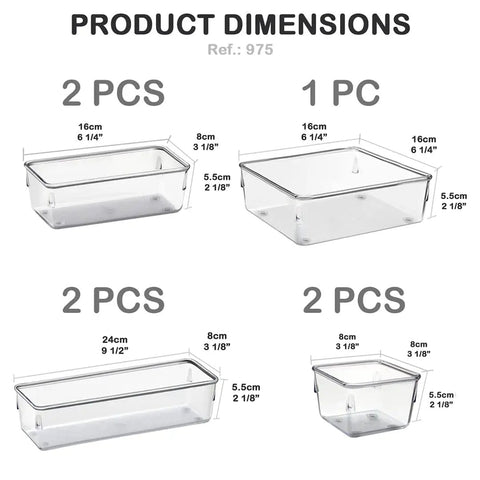 7 Piece Drawer Organizer Set With 4 Different Sizes Clear Crystal Plastic Trays shown with dimensions for modular storage