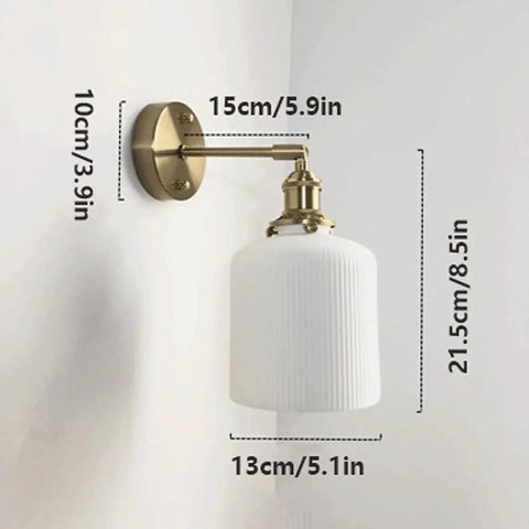 Wall Lamp, Nordic Minimalist Bedroom Light, Brass Ceramic Retro Lamps, dimensions 21.5cm by 15cm with wall mounting.