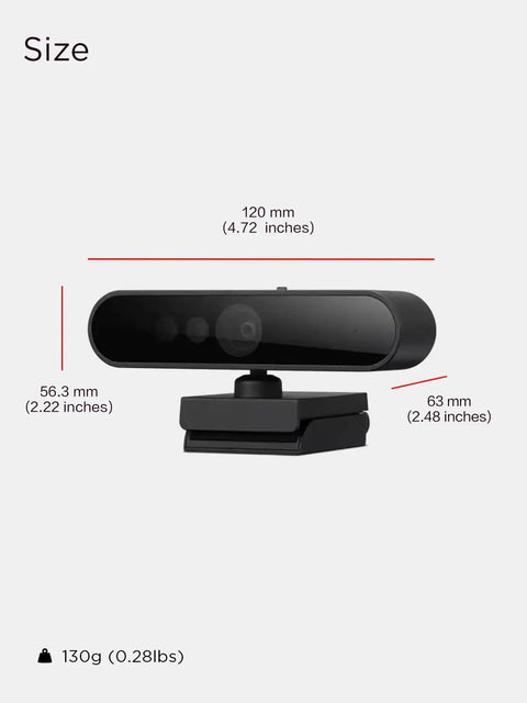 Straight Up 1080p FHD Webcam With USB C Connectivity And Windows Hello Face Login dimensions displayed on a gray background.