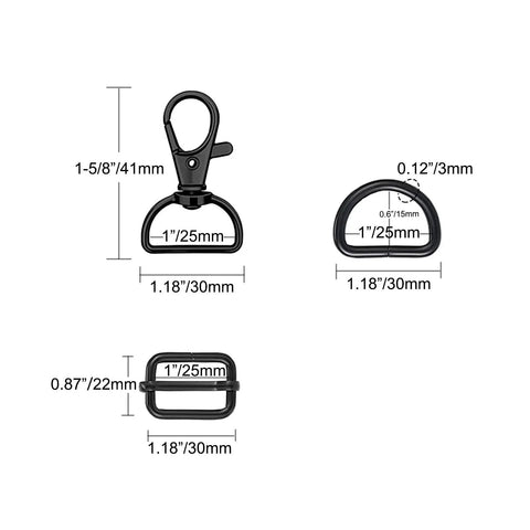 Solid 30 Piece Purse Hardware Kit Featuring Swivel Snap Hooks Premium D Rings And Adjustable Slide Buckles For Custom Bag Making Leather Crafting Diy Sewing And Heavy Duty Tote Work - Black hardware pieces with dimensions