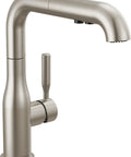 Straight Up Premium Brushed Nickel Kitchen Faucet With Sleek Pull Out Sprayer Single Handle Layout Easy Peasy One Hole Install Includes Deck Plate Built Tough Finish close-up showing sprayer and handle.