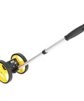 Cloimei Double Wheel Measuring Wheel Ergonomic Distance Wheel 9999m Precision Measurement Tool with yellow wheels and aluminum handle.