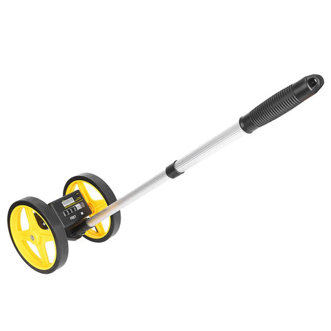 Cloimei Double Wheel Measuring Wheel Ergonomic Distance Wheel 9999m Precision Measurement Tool with yellow wheels and aluminum handle.