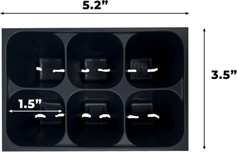 Dimensions of a 6-cell tray in the 216-Cell Seed Starter Trays Set With Plant Stakes, reusable seedling starter kit.