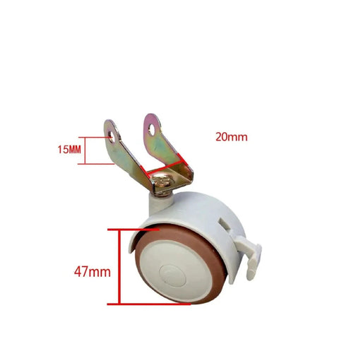 Rock Solid Four Pack Of Universal Type P Plate Casters Featuring Smooth Rubber Coated Treads And Tough Plywood Mounting Stems. Caster wheel image with dimensions showing 47mm height and rubber tread.