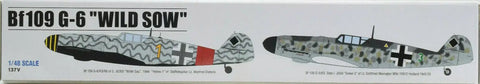 Box art of the Wild Sow Bf109 G-6 1:48 Scale Plastic Model Airplane Kit with side profiles of WWII fighter decals.