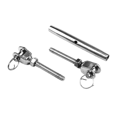 Top Shelf 304 Stainless Steel Marine Turnbuckle Jaws Swivel Rigging Screws Built Like a Tank for Sailboat Deck Hardware and Heavy Duty Cable Tension Mounting Systems components display.