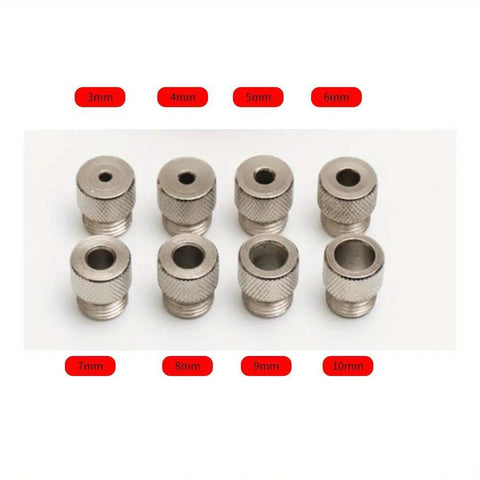Boss Grade Self Centering Doweling Jig Kit With Knockout Wood Drill Guide showing various metal drill guides from 3mm to 10mm.
