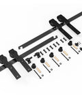 Beefy 11Ft Bypass Barn Door Hardware Kit For 66 Inch Double Doors, including steel rail and nylon rollers, shown unassembled.