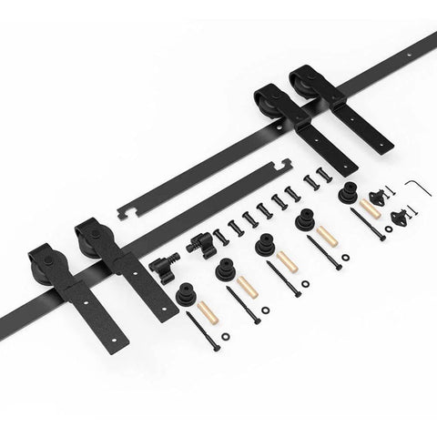 Beefy 11Ft Bypass Barn Door Hardware Kit For 66 Inch Double Doors, including steel rail and nylon rollers, shown unassembled.