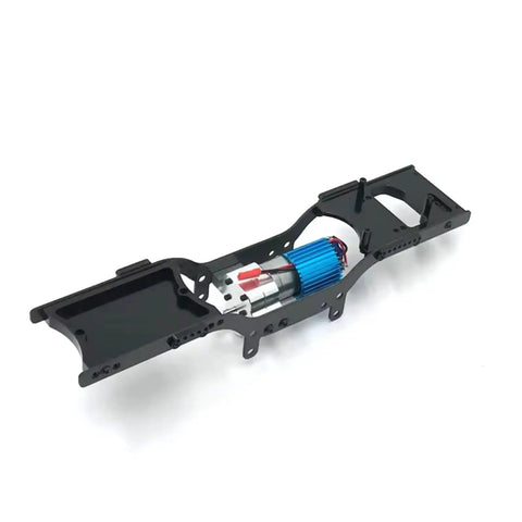 Metal RC Car Chassis Frame For D90 D91 D96 D98 D99S 1/12 Scale Semi Finished Dope Upgrade For Racing Cars in black with mounted motor.