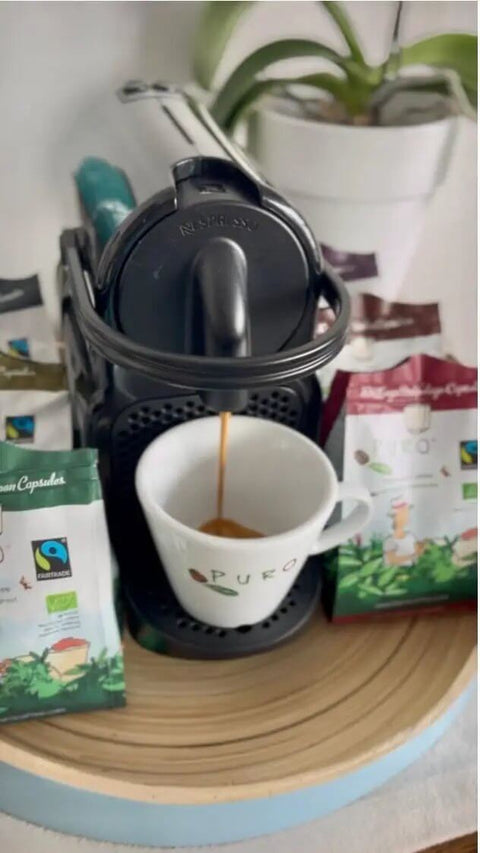 Organic Coffee Pods Compatible With Nespresso Original Machines Variety Pack Of Six Fairtrade Blends In BPA Free Compostable Capsules 60 Pods Intensities 4 Through 9 Toxin Tested Cafe Quality At Home Eco Friendly Convenience with coffee machine and cup
