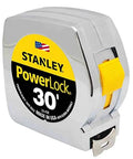 PowerLock Tape Measure Set Of Four 30 Foot Each Mylar Coated Durable Blade For Long Life On Job Sites Secure Blade Lock For Quick Readouts Ideal For Builders Carpenters And DIY Projects featuring tape measure in silver casing with yellow label and American flag.