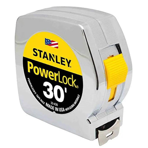 PowerLock Tape Measure Set Of Four 30 Foot Each Mylar Coated Durable Blade For Long Life On Job Sites Secure Blade Lock For Quick Readouts Ideal For Builders Carpenters And DIY Projects featuring tape measure in silver casing with yellow label and American flag.