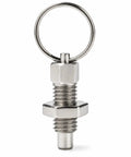 Heavy Duty Self Locking Indexing Plunger With Soft Nylon Twist Thumb Wrap And Reliable Spring Loaded Positioning Pin For Rock Solid Machine Setup And Fast Jig Swaps M8 Pair displayed in silver stainless steel with a threaded body and pull ring.