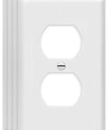 Durable Duplex Wall Plate 1-Gang Switch And Outlet Cover In White Unbreakable Thermoplastic Faceplate, 4 Pack, front view.