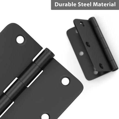 Close-up of 24 Pack Matte Black Door Hinges 3.5 Inch By 3.5 Inch Interior Door Hinges With One Quarter Inch Radius Corners
