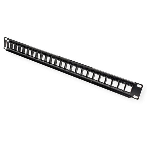 24-Port Blank Keystone 1U Patch Panel For Cat6 Jacks, 19-Inch Rackmount, Steel Black, NDAA Compliant, front view