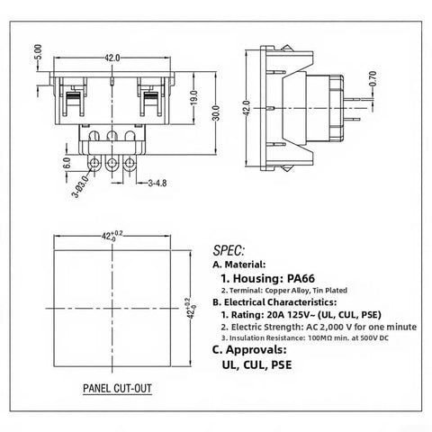 Heavy Hitter 20A AC Socket 5-15R Three Prong Outlet technical drawing with dimensions and specifications.